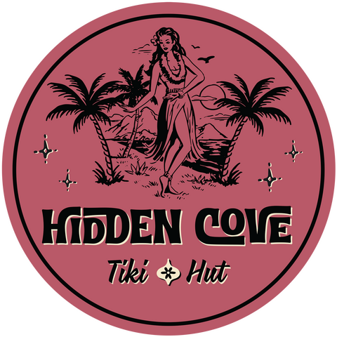 Illustrated hula dancer logo with the text Hidden Cove Tiki Hut