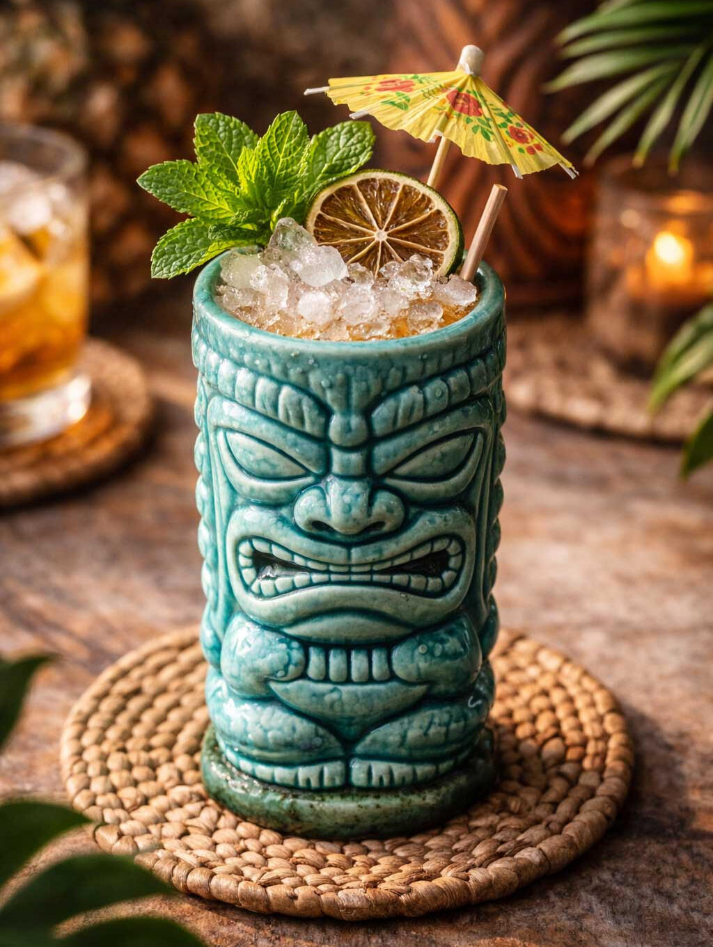 Mai Tai cocktail served in a ceramic tiki mug with umbrella, mint, and lime wheel garnish and tropical foliage background